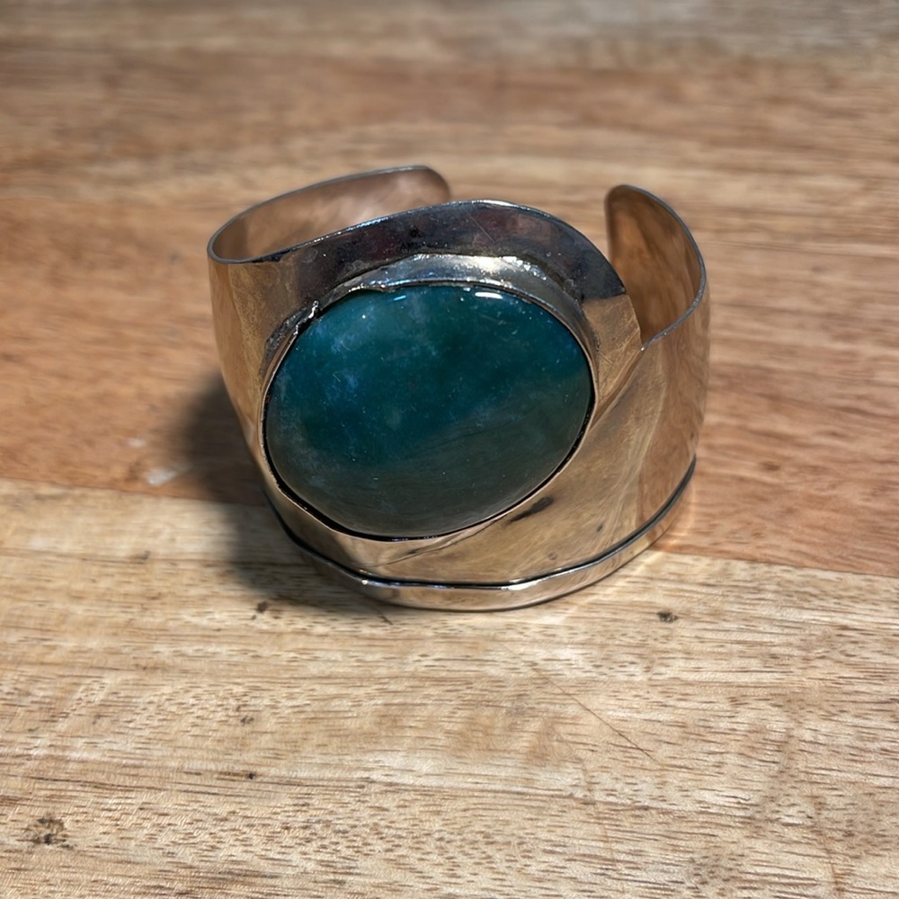 Rustic Silver Cuff Bangle Natural Gemstone Oval B… - image 8